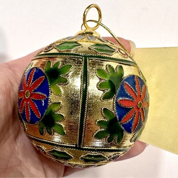 Cloisonné Enamel Ornament Gold Plate Red Blue Green Flower & Holly Artisan Made - Picture 8 of 13